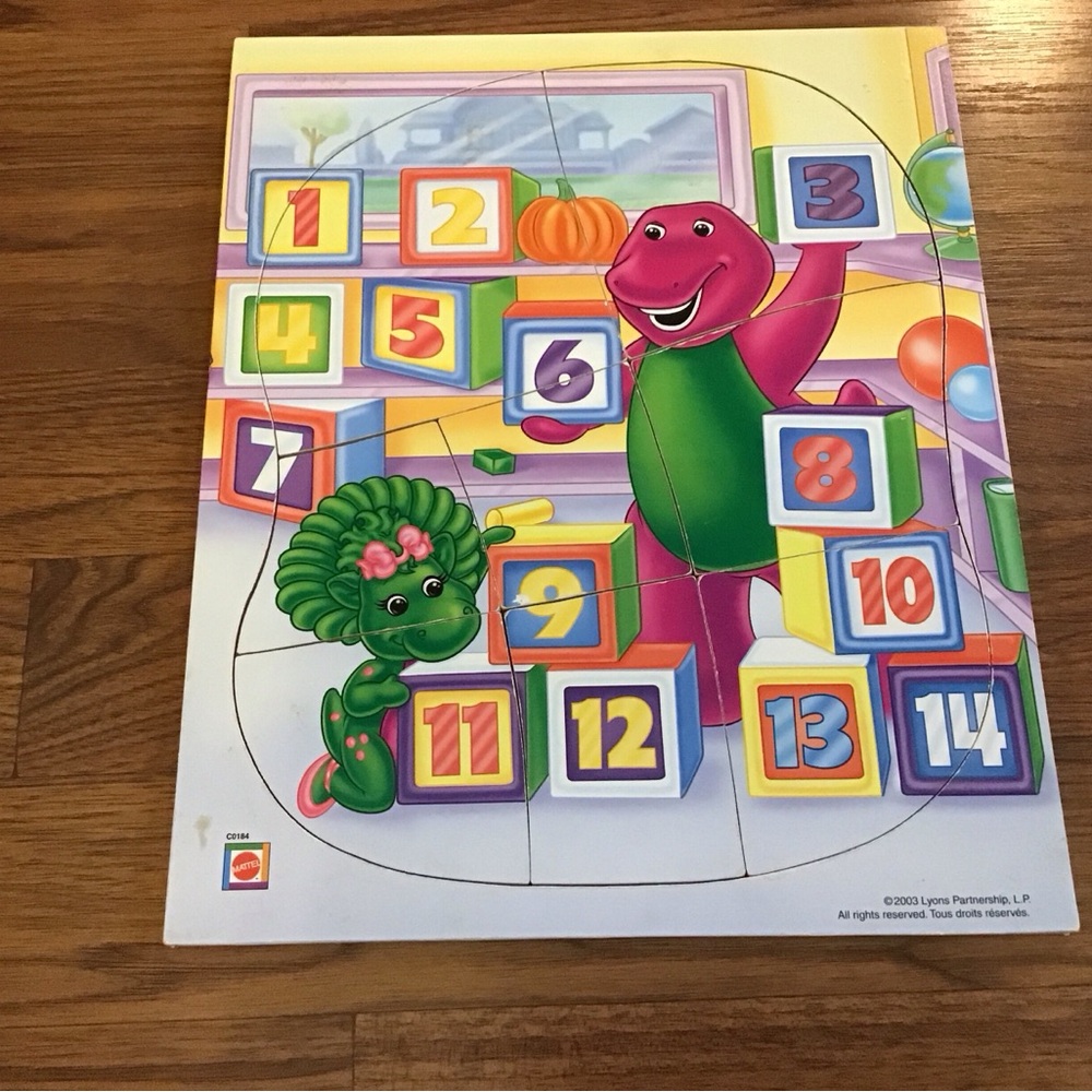 Vintage Barney and Baby Bop 8 Piece Wood Counting Block Puzzle